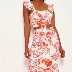 White Orange Leaf Print Two Piece set